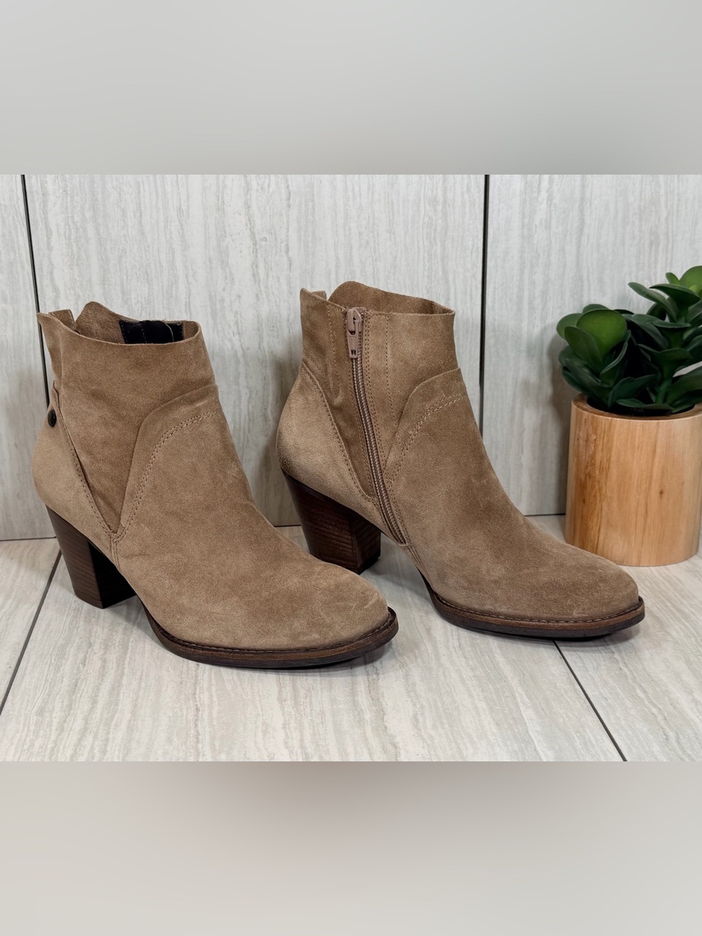 Paul Green Taupe Suede Ankle Booties with Block Heel